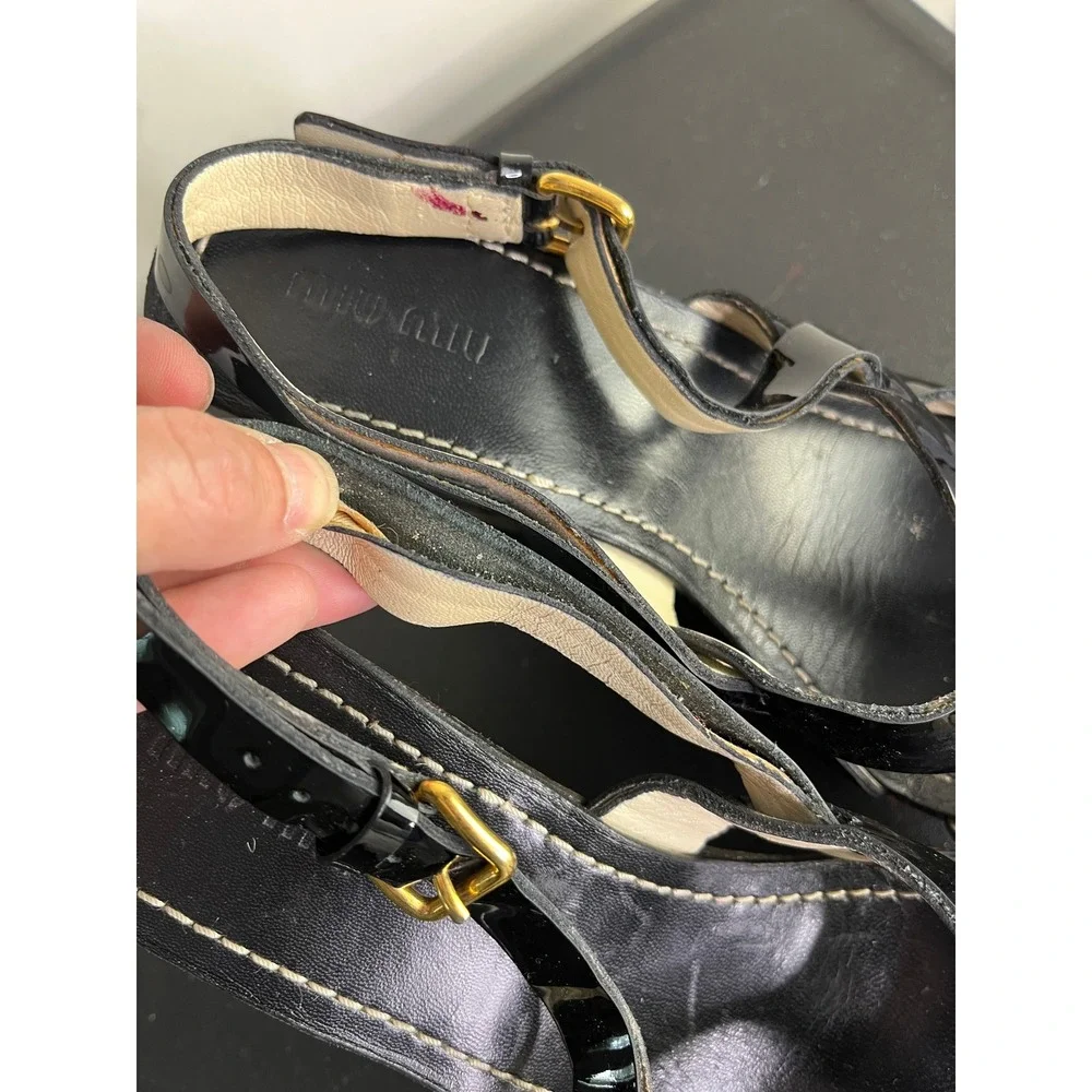 Miu Miu Sandals 10.5 IT 40.5 Boho Chic Patent Leather Carved Wood Wedge Platform